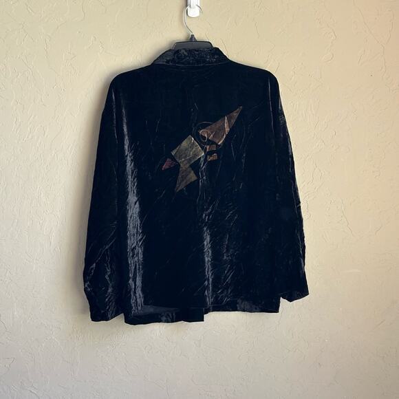 Scallops black crushed black velvet retro  80's button front blouse - Picture 2 of 7